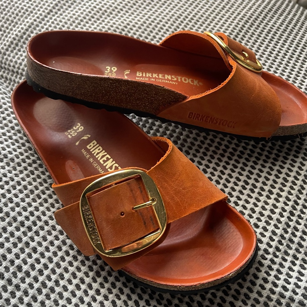 Birkenstock Men's Madrid Big Buckle Slide Sandal - Cognac Brown with Gold Buckle